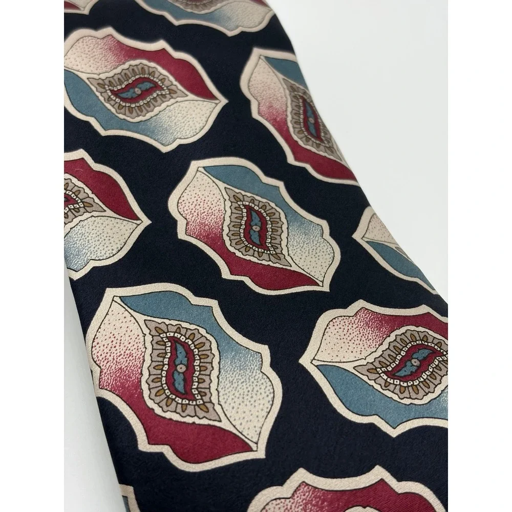 Pierre Cardin 100% Silk Necktie, Geometric/Paisley Motif Pattern, Navy/Red/Cream